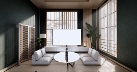 The vintage cabinet design, Green Living room with armchair japanese style.3D rendering