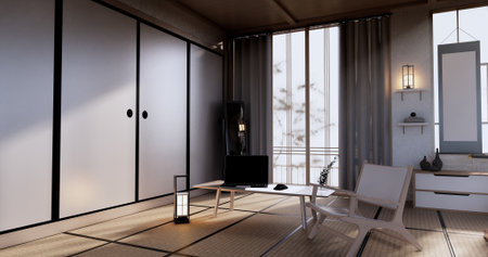 Cabinet wooden display design on room japanese minimalist living roon unterior, 3D renderingの写真素材