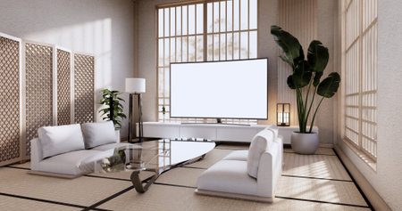 Cabinet wooden display design on room japanese minimalist living roon unterior, 3D renderingの写真素材