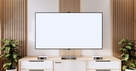 Cabinet wooden display design on room japanese minimalist living roon unterior, 3D rendering