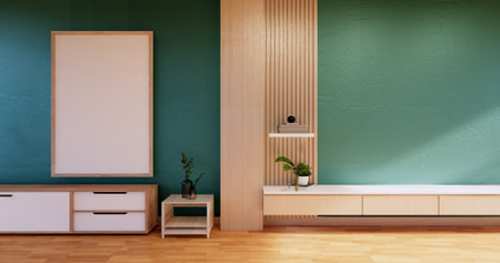 Cabinet wooden display design on room japanese minimalist living roon unterior, 3D renderingの写真素材