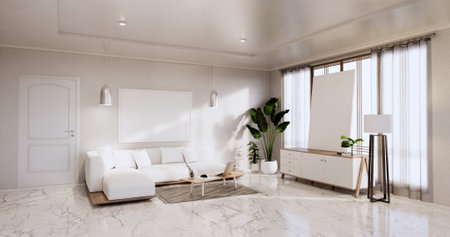 Interior,Living room modern minimalist has sofa on white wall and granite tiles floor.3D rendering