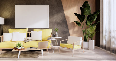 Minimalist interior ,Sofa furniture and plants, Modern black room design.3D rendering