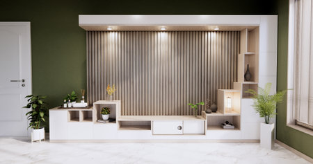 Interior, Cabinet in Modern Green empty room on Livingroom. 3d rendering