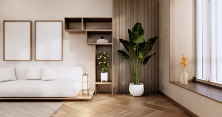 Cabinet shelves on wall design room with decoration ,lamp,plants,carpet, sofa.3D rendering