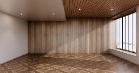 New - Empty room, modern japanese wooden interior, vintage - tropical style .3d renderingの写真素材