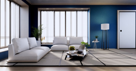 interior-design, Blue modern living room Japanese style.3D rendering