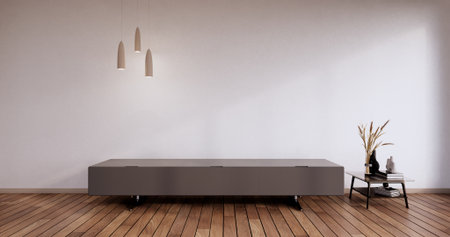 Cabinet wooden japanese design on living room minimalist empty wall background.3D rendering