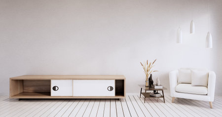 Minimalist - Modern room interior with Cabinet TV and armchair, plants,lamp, decorations.3D...