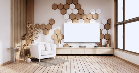 TV cabinet on modern room  with wall hexagon minimal design. 3D renderingの写真素材