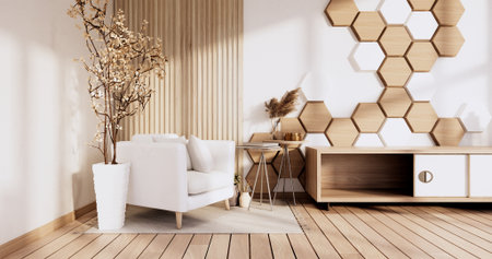 TV cabinet on modern room  with wall hexagon minimal design. 3D renderingの写真素材