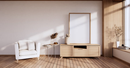 Minimalist - Modern room interior with Cabinet TV and armchair, plants,lamp, decorations.3D...