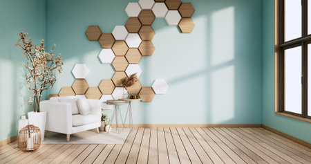 Hexagon wall on mint room with arm chair and decoration plants. 3D renderingの写真素材