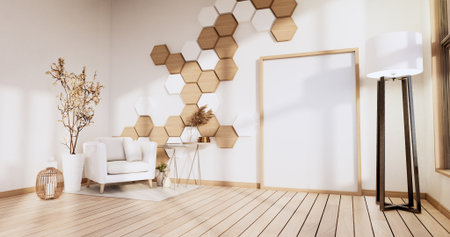 Hexagon wall on white room with arm chair and decoration plants. 3D renderingの写真素材