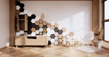 chair and cabinet with hexagon tiles wooden, white ,black   on wall Modern room minimalist.3D...