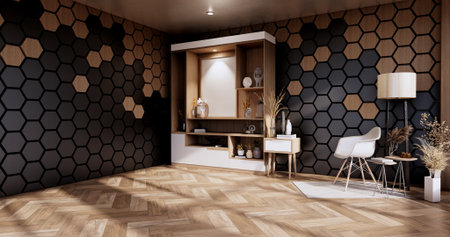Armchair and cabinet ,decoration plants with hexagon tiles wooden and black   on wall Modern room...