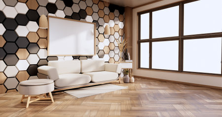 sofa and decoration plants,hexagon tiles wooden, white ,black   on wall Modern room minimalist.3D...