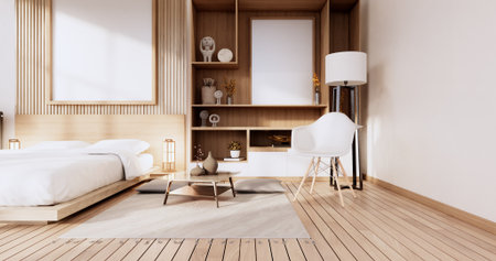 Minimalist Stylish interior of modern wooden room with comfortable bed.3D renderingの写真素材