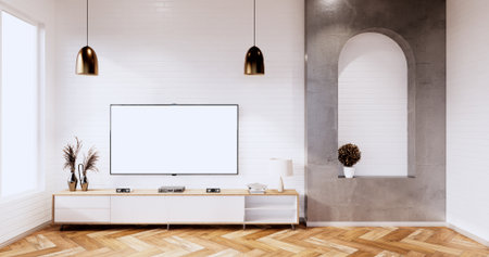 Tv cabinet in loft interior white brick wall room minimal designs, 3d renderingの写真素材