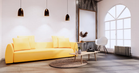 Loft style with white wall on wooden floor and sofa armchair on carpet.3D rendering