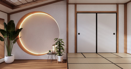 Circle shelf wall design, empty room japanese deisgn with tatami mat floor. 3D renderingの写真素材