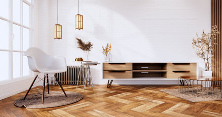 Tv cabinet in loft interior white brick wall room minimal designs, 3d renderingの写真素材