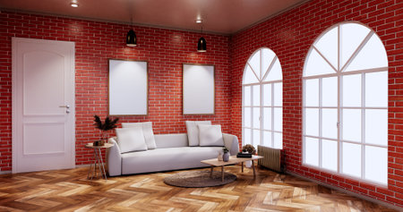 living room loft interior with Wall pattern brick wall. 3d renderingの写真素材