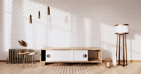 Circle shelf wall design, empty room japanese design with tatami mat floor. 3D rendering