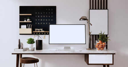 Mock up office table desk. blank computer screen in office modern room. 3d renderingの写真素材