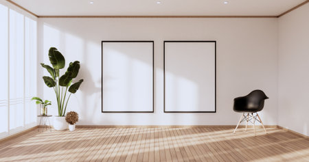 Mock up empty picture frame on the white wall of the room.3D rendering