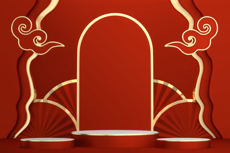 Red Podium, minimal 
red geometric design.3D renderingの写真素材