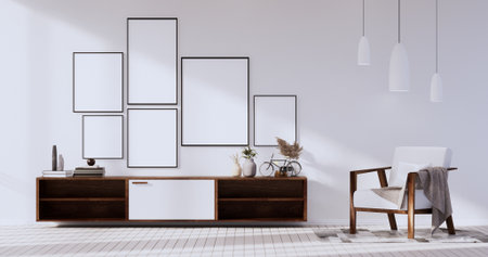 Mock up empty picture frame on the white wall of the room.3D renderingの写真素材