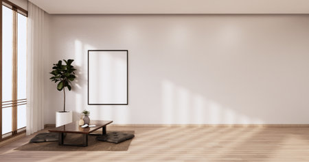 Zen room interior wooden wall on tatami mat floor, low table and armchair.3D rendering