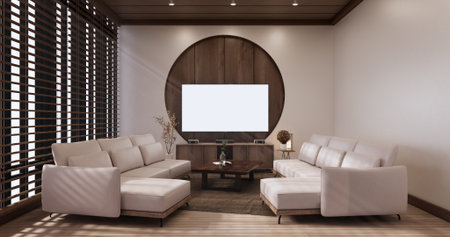 Sofa on room tropical interior with tatami mat floor and white wall.3D rendering