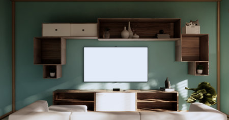 Box Wall Shelves on living room japanese style, tatami mat and decoration lamp and plants on mint zen room.3D renderingの写真素材
