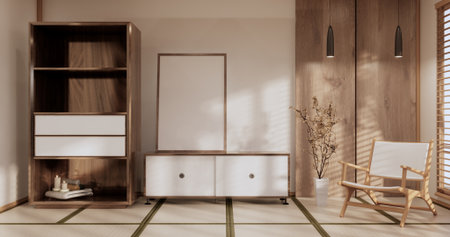 Box Wall Shelves on living room japanese style, tatami mat and decoration lamp and plants on white zen room.3D renderingの写真素材