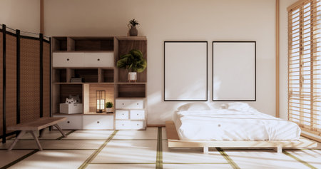Box Wall Shelves on bed room japanese style, tatami mat and decoration lamp and plants on white zen room.3D renderingの写真素材