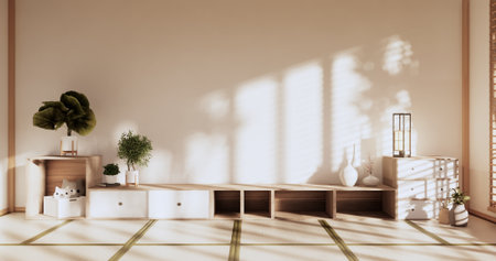 Box Wall Shelves on living room japanese style, tatami mat and decoration lamp and plants on white zen room.3D renderingの写真素材