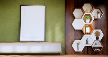 Hexagon wooden shelf japanese design on green wall background.3D renderingの写真素材