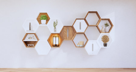 Hexagon wooden shelf japanese on wall background.3D renderingの写真素材