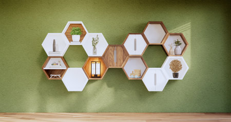 Hexagon wooden shelf japanese design on green wall background.3D renderingの写真素材