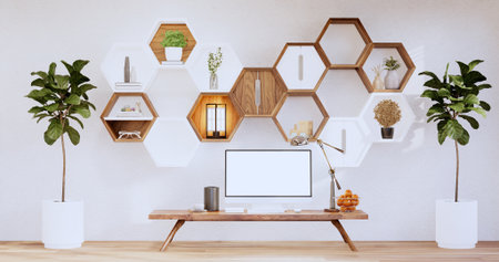 Hexagon wooden shelf japanese on wall background.3D renderingの写真素材