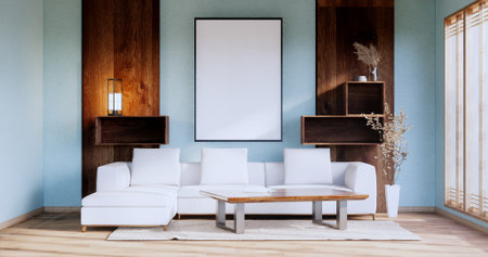 Cabinet wooden japanese design on living room zen style empty wall background.3D rendering