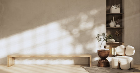 Cabinet room wooden interior wabisabi and armchair sofa and decoration japanese style.3D renderingの写真素材