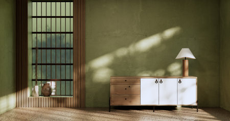sofa and decoration japanese on Modern room interior wabisabi style.3D rendering