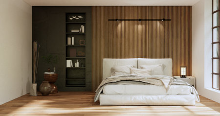 Wabi sabi bed and decoration plants in japanese bedroom. 3D rendering.