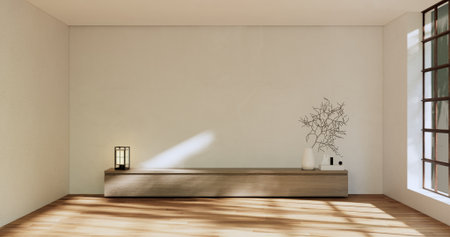 Cabinet room wooden interior wabisabi style.3D rendering