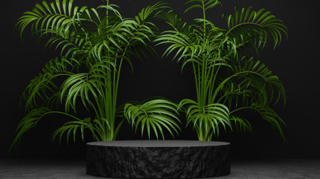 black Empty podium Blank product shelf standing backdrop. 3D rendering.の写真素材
