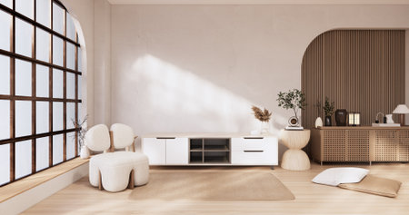 Wooden cabinet in empty room, Japan minimal designs. 3D rendering