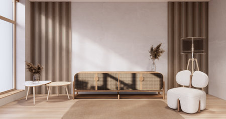Living room, cabinet Tv and sofa armchair minimalist design style.